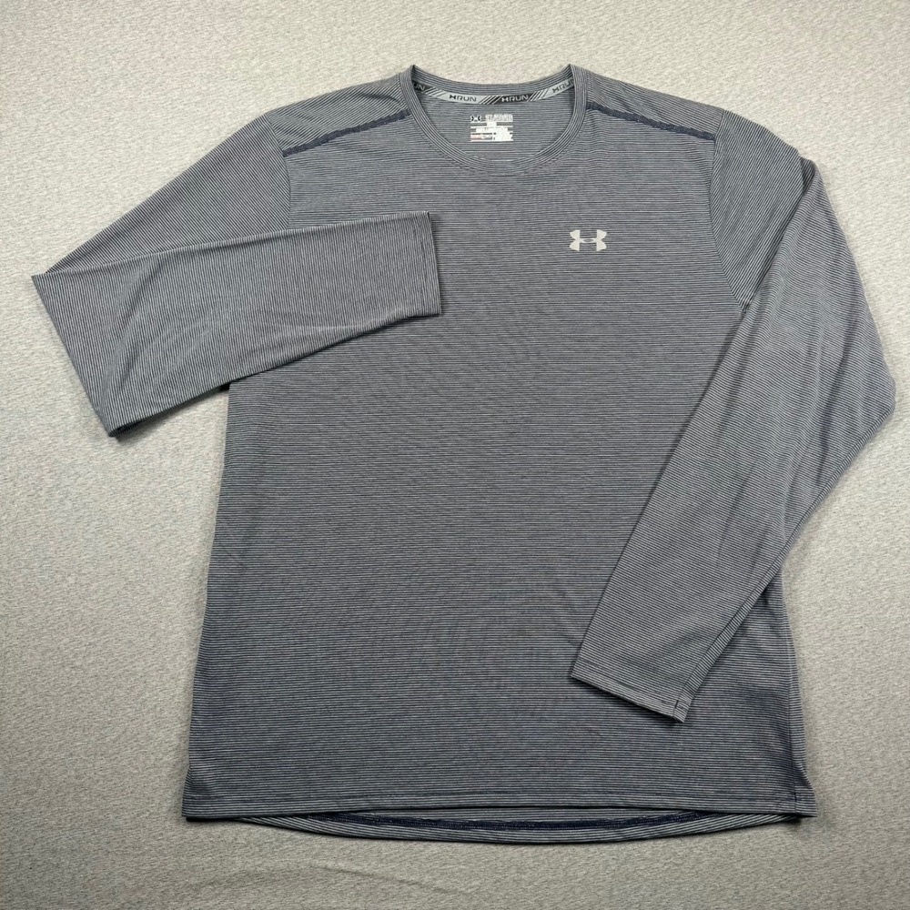 Under Armour Long Sleeve Run Shirt Mens 2XL Fitted Gray Micro Stripe HeatGear - Picture 2 of 11